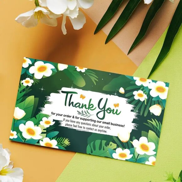 100 pcs THANK YOU FOR SUPPORTING MY SMALL BUSINESS green FLORAL cards - Picture 2 of 3